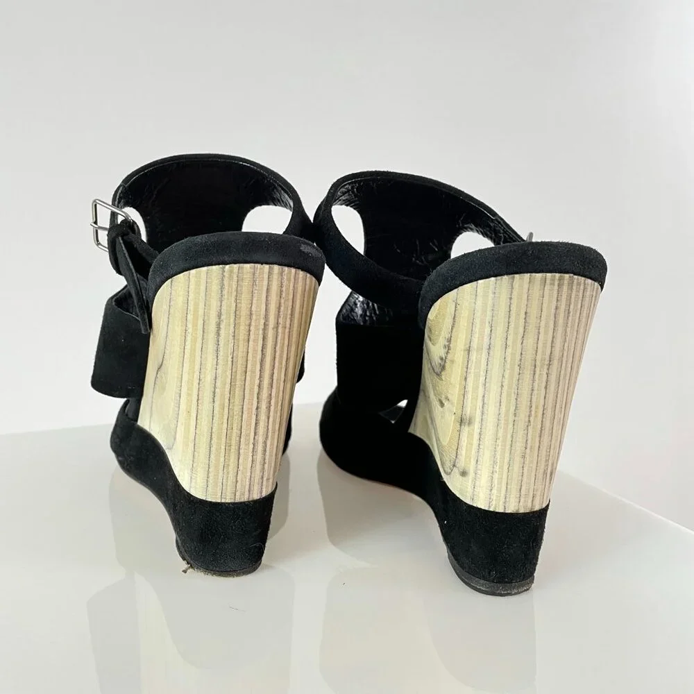 Runway | Miu Miu Suede Sandal Wedge | Black & Marblized Wood | T Strap Platform